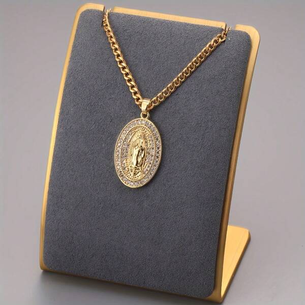 1pc Fashion Stainless Steel Men's Necklace With 18K Gold Plated Maria Pendant Inlaid With Diamonds