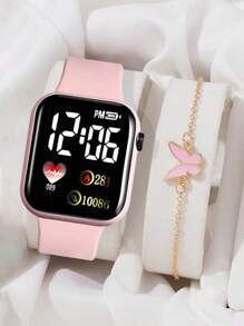 2 pièces/Set: 1 pièce Montre numérique Cœur de bande dessinée et Carré + 1 pièce Bracelet Papillon, Cadeaux pour la Saint-Valentin, Noël, Remise des diplômes, Couples, Montre et Bracelet pour Couples