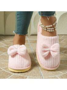 Fashionable New Striped Bow Slip-On Slippers, Comfortable Slip-On Shoes For Spring, Autumn And Winter - Pink - View 3