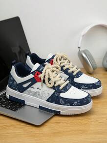 Men's Personalized Ocean Wave Oriental Aesthetic Contrast Color PU Patchwork Casual Skate Shoes, Daily Youth Chinese Style Commute Streetwear Low-Top Flat Formal Shoes - White and Blue - View 4