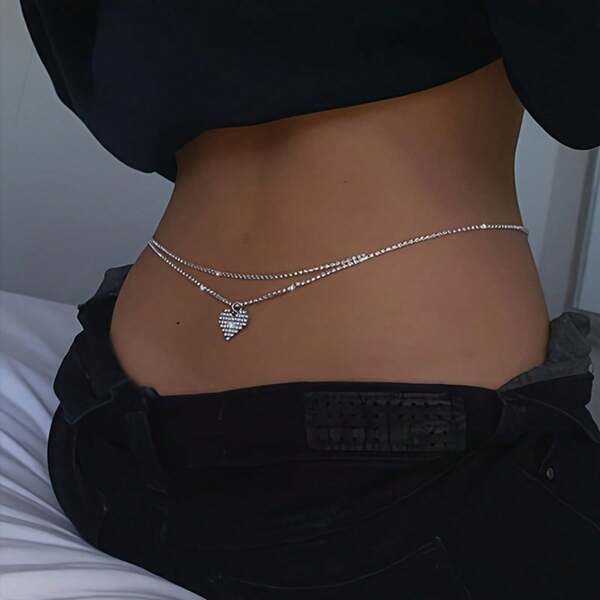 1st Sexy Fashion Hart Hanger Dubbellaags Strass Taille Ketting, Goud/Zilver Kleur Glanzend Strand Bikini Accessoire Voor Vrouwen