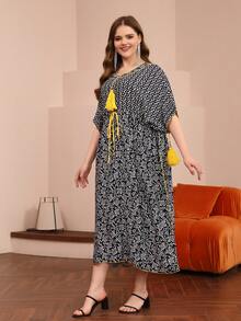 花卉印花阿拉伯优雅连衣裙，配流苏领带蝙蝠袖，时尚与创意，2025 年春夏，斋月 - 寶藍色 - 查看 11