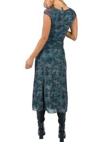 Women Summer Short Sleeve Dress Casual Retro Print Bandage Cutout Party Dress Beach Streetwear - Blue - View 6