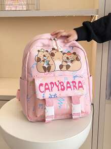 1 件大容量可爱水豚图案书包。活泼的学生包，带多个口袋。时尚书包。实用手提包。个性化轻便学校背包。便携式背包，带多个隔层 - 粉色 - 查看 5