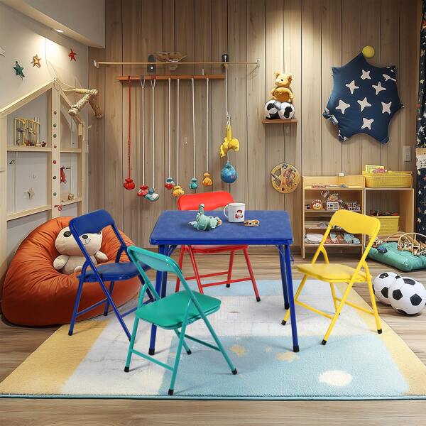 Folding Play Table Set With 4 Chairs, Ideal For Toddler Playroom Classroom Activity Playsets, Multicolor