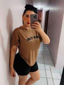 Camiseta de hombros caídos con gráfico de letra - Camel - Ver 5