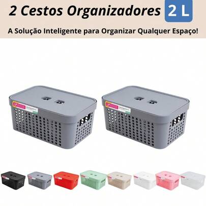 Kit 2 Cesto Organizador c/Tampa Rattan 2 litros Multiuso Ideal para armário e gavetas LP HOUSE