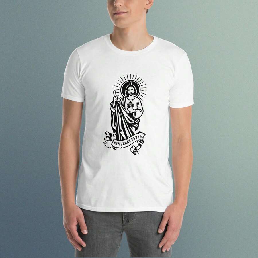 Playera de Apóstol Tadeo " Judas Tadeo ". Playera 100% Algodón, Blanco, Negro y Gris. Manga Corta. Cuello Redondo. - Blanco - Ver 1