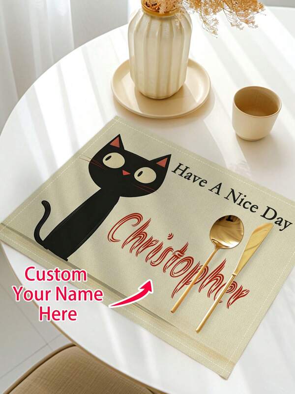 1pc Personalized Pet Cat Design Dining Table Mat, Customizable Name Heatproof Kitchen Placemat For Home, Party, Restaurant Decor