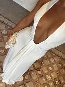 Women's Elegant Deep V-Neck Hollow Pleated Dress - Halter Neck Fitted Style, Suitable For Christmas Parties, New Year's Eve, Wedding Guests And Formal Occasions White Summer Party - White - View 8