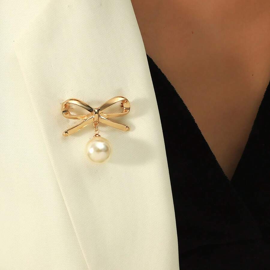 1 件时尚优雅简约百搭迷你珍珠蝴蝶结胸针