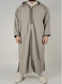 Men's Casual Side Slit Hooded Long Jacket, Autumn - Grey - View 4