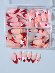 Transform Your Nails With,96pcs Almond Nail,French Bow Heart Design Press-On Nails Long Perfect Fit False Nail Set,Contains 1 Nail File 1 Jelly Glue,For Women & Girl