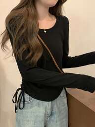 早春 韓国スタイル スリムフィット ラウンドネック ドローストリング デザイン マルチ用途 長袖Tシャツ レディース