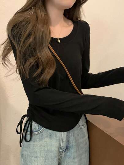 早春韩版修身圆领抽绳设计百搭长袖T恤女