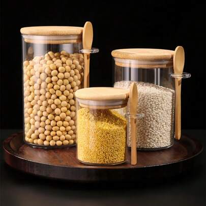 1 pieza Recipiente de almacenamiento de plástico transparente con tapa de bambú y cuchara, recipiente a prueba de humedad y hermético para la organización de la cocina, frasco de almacenamiento de alimentos para azúcar, especias, té, café, harina, frutos secos, cereales, sales de baño - Utensilio de cocina