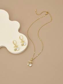 1 套全水钻樱桃不锈钢奢华甜美女士项链和耳环 - 金黃色 - 查看 3