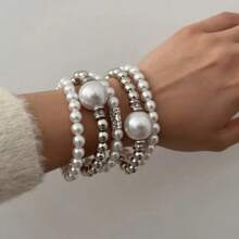 1 pieza Conjunto de 5 piezas de brazalete decorado con perlas falsas de moda, brazalete/pulsera elegante y versátil de estilo vintage para mujer