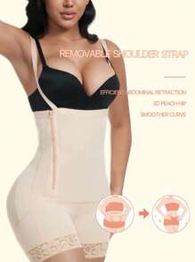 1pc Apricot Color Ladies' Lift Butt Slimming Breathable Side Zipper Bodysuit,Suitable For Yoga, Fitness, Body Shaping - Apricot - View 1