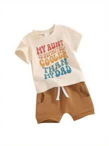 Auntie Baby Clothes Boy Short Sleeve Letters Print T-Shirt With Elastic Waist Shorts Summer Outfit - Apricot - View 1
