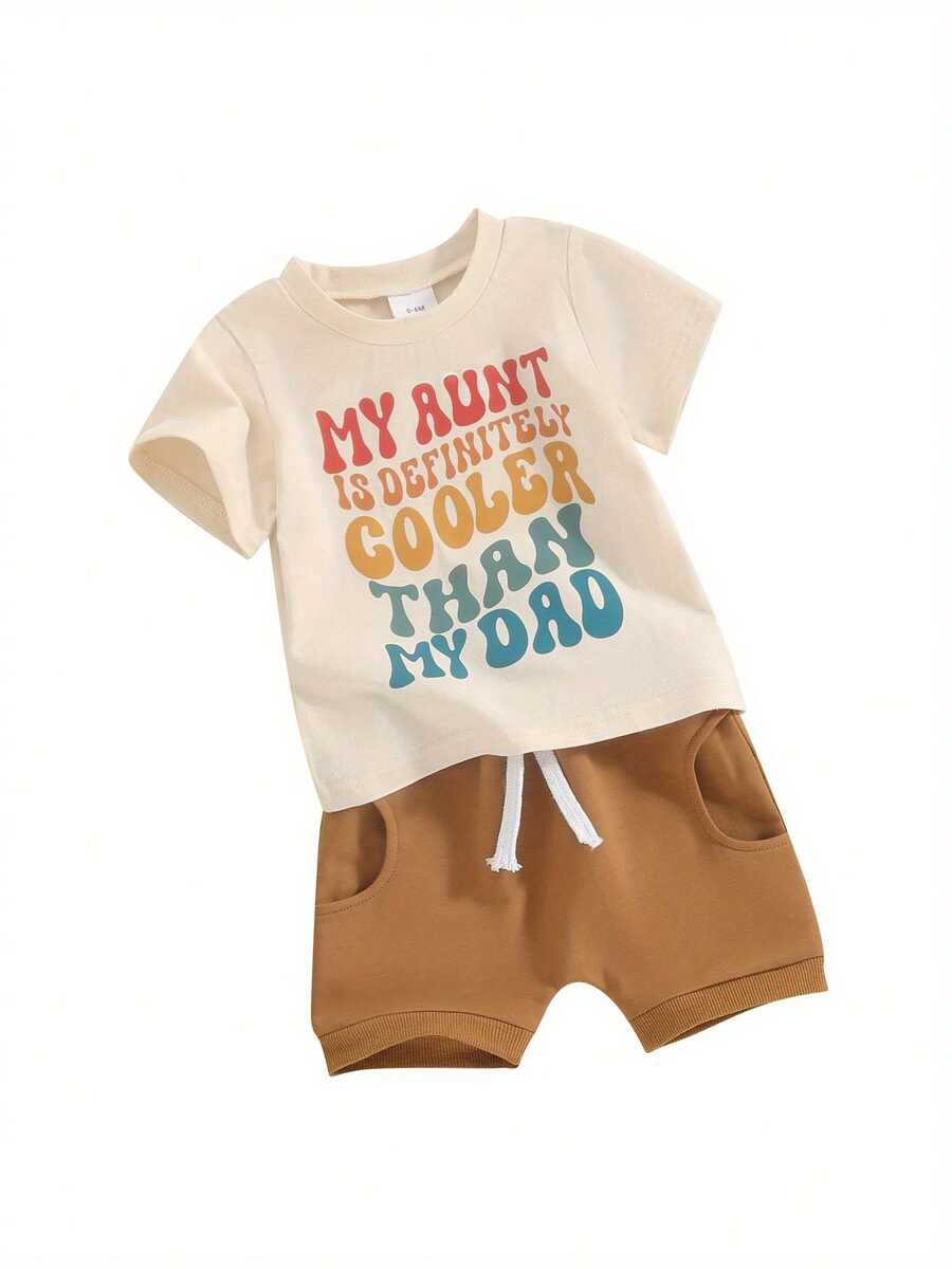 Auntie Baby Clothes Boy Short Sleeve Letters Print T-Shirt With Elastic Waist Shorts Summer Outfit - Apricot - View 1
