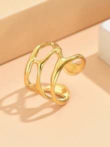 1pc Fashion Asymmetrical Hollow Liquidic Opening Stainless Steel Adjustable Ring, 18K Gold Vacuum Plated, Non-Fading Jewelry For Women, Party Wear