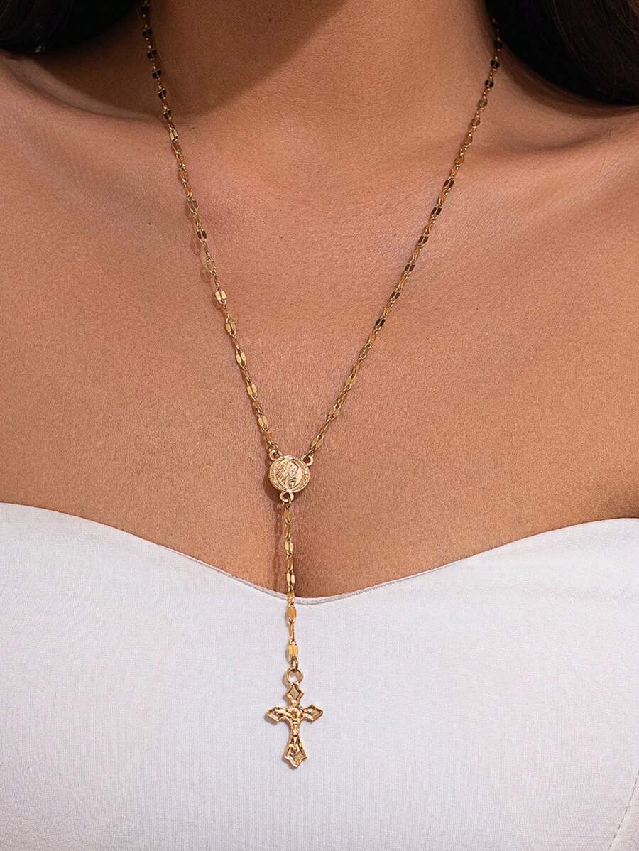 1pc Fashionable Cross & Portrait Pendant Necklace - Gold - View 1