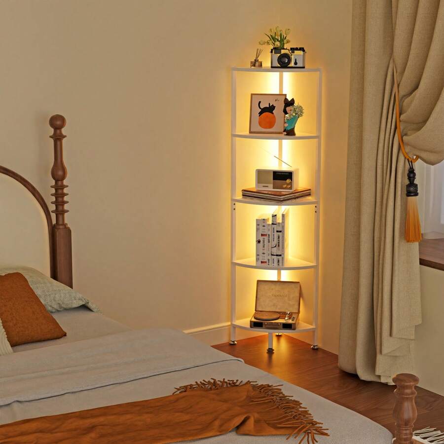 Corner Shelf With LED Light, 5 Tier Corner Bookshelf For Small Space, Narrow Display, Corner Shelf Stand With Storage Rack, For Living Room, Bedroom