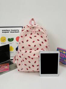 1 件草莓印花休闲轻便可折叠涤纶背包，带多个口袋，拉链开合，适合青少年、大学生、女性、日常通勤、购物、旅行、返校、毕业礼物