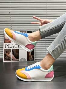 Women's Contrast Lace-Up Casual Sneakers, Lightweight And Comfortable Outdoor Flat Shoes, Low-Top Breathable Fitness And Sports Casual Shoes