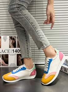 Women's Contrast Lace-Up Casual Sneakers, Lightweight And Comfortable Outdoor Flat Shoes, Low-Top Breathable Fitness And Sports Casual Shoes