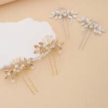 2pcs Gorgeous Leaves U-Shaped Clips, Creative Handmade High-Grade And Exquisite, Anniversary Wedding Bridal Headdress Plating Hairpin