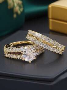 2 件/套双层奢华镂空镶嵌方晶锆石戒指，浪漫结婚戒指，新娘礼物，时尚珠宝礼物，适合女性