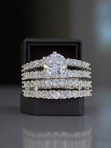 2 件/套双层奢华镂空镶嵌方晶锆石戒指，浪漫结婚戒指，新娘礼物，时尚珠宝礼物，适合女性