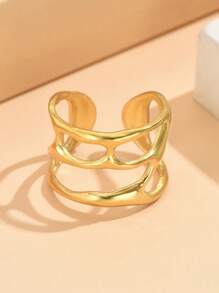 1pc Fashion Asymmetrical Hollow Liquidic Opening Stainless Steel Adjustable Ring, 18K Gold Vacuum Plated, Non-Fading Jewelry For Women, Party Wear