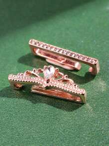 2pcs Minimalist Luxurious Versatile Unique Elegant Intricate Silver & Rose Gold Tone Crown Decor With Rhinestone Jewelry Set, Accessory