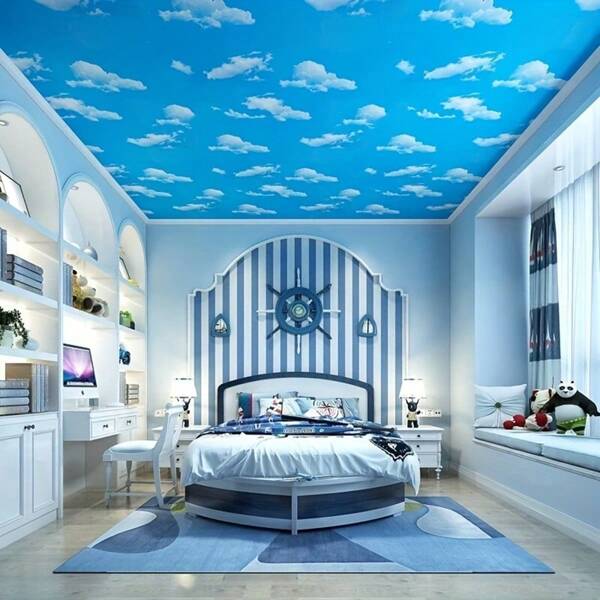 1 Roll Self-Adhesive PVC Wallpaper, Blue Sky And White Cloud Pattern, Waterproof Ceiling Wall Sticker, Room Decoration, 950*45cm/374*17.71inch