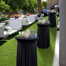 1pc Elegant Elastic Polyester Table Skirt - Black/White Color, Fits Round & High Tables, Perfect For Weddings, Birthdays, Parties & Celebrations