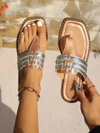 Women's Summer New Elegant Comfortable Color-Block Flip Flops, Casual Vacation Flat Sandals Plus Size