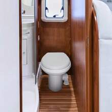 Mupera - Kit de inodoro para RV, pedal mejorado, tomas de agua tipo T, inodoro con descarga de gravedad con brida (nuevo 2025), con asiento de inodoro y cubierta para autocaravana y RV - 1 - Ver 8