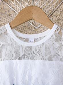 女童优雅蕾丝网眼圆领短款盖袖连衣裙，面料舒适，夏季新品 - 綠色 - 查看 4