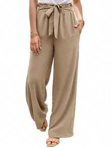 SANOPY Women's Pants,Linen Pants Women,Wide Leg Pants Woman,Women High Waisted Casual Pants Loose Flowy Wide Leg Pants With Pockets - Khaki - View 2