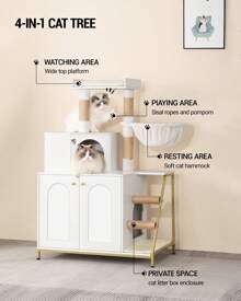 Hzuaneri Maison de Toilette Chat, Maison Moderne 4-en-1 pour Chats avec Grande Plateforme, Abri pour Chat avec Tapis De Grattage, Poteaux, Escaliers Et Pompon, Coussins Lavables