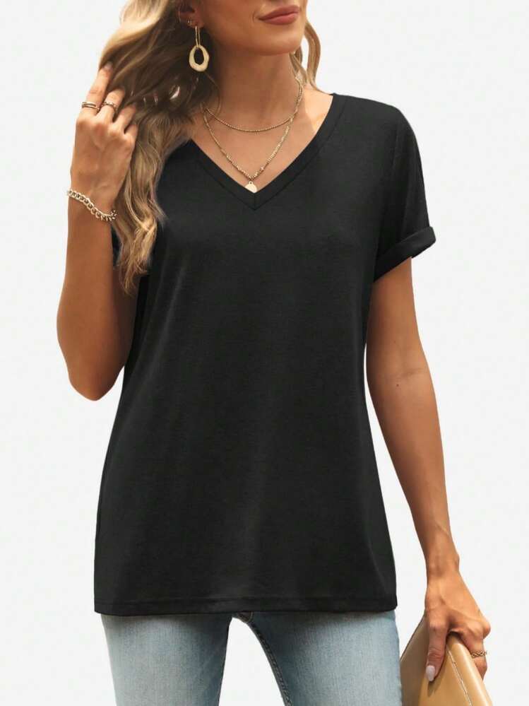 KAHULE Womens T Shirts V Neck Short Sleeve Casual Loose Tees Tops Trending - màu đen - Xem 3