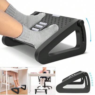 1 Stück schwarze Massage-Fußstütze, Schreibtisch-Fußhocker. Ergonomisch gestaltet, einstellbarer Winkel 10°–45°, mit strukturierter Oberfläche und Massagerollen zum Massieren und Entspannen der Füße.