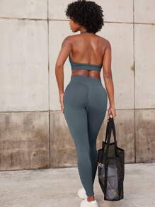 VOYJOY Women's Sports Leggings Seamless Scrunch Butt Leggings High Waist Booty Lifting Butt Push Up Gym Sports Pants Black - 暴風灰 - 查看 7