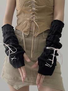 1 Pair Girls Ballet Style Arm Warmers, Autumn/Winter Fingerless Gloves Knitted Arm Sleeves With Criss-Cross Ribbon Tassel Decor, White Fingerless Gloves Arm Sleeves, Black Knitted Gloves, Y2K Streetwear Style - 251# - View 8