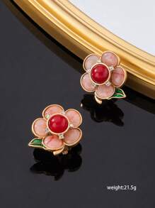 1 Pair Copper Alloy Vintage Gold Plated 5-Petal Flower Earrings And 1 Pair 5-Petal Flower Rings, Embedded With Red Silk, Suitable For Daily Wear, Parties, Special Occasions, Gift For Friends, Holiday, European And American Retro Style - Multicolor - View 7