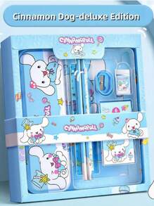 Sanrio Autorisé par Sanrio Ensemble de papeterie mignon de chien Melody Cinnamon de Sanrio. Fournitures scolaires pour garçons et filles - crayons et boîte de rangement pour crayons, gomme, taille-crayon, règle, cahier. Cadeaux pour la rentrée, Halloween, Noël (la conception et la couleur de la boîte cadeau peuvent varier selon les différents lots de production)