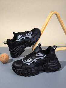 时尚休闲系带轻便防滑运动鞋，适合男孩、女孩和青少年，适合春季运动 - 黑色 - 查看 1